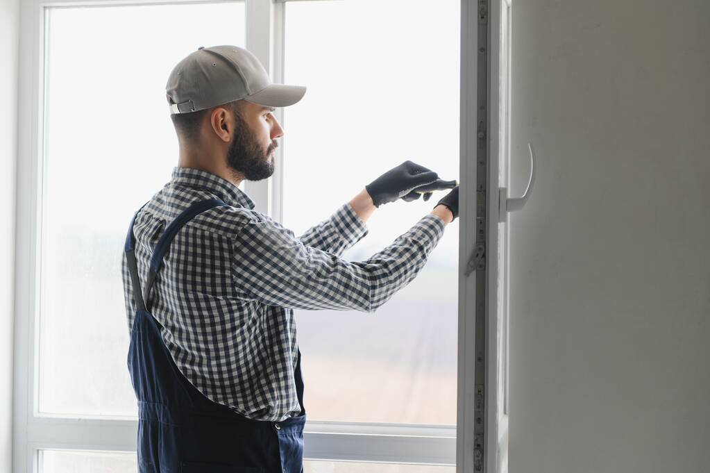 Werknemer in het installeren van witte kunststof upvc venster op huis - Foto, afbeelding