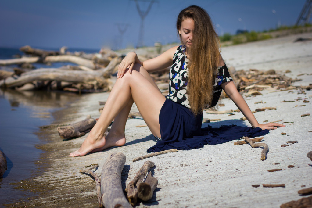 дівчина на пляжі біля колод
 - Фото, зображення