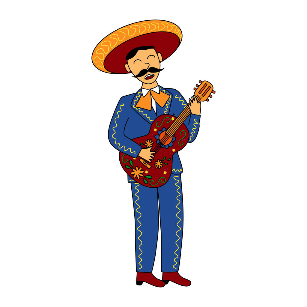 Mariachi músico con guitarra, doodle estilo vector ilustración - Vector, imagen