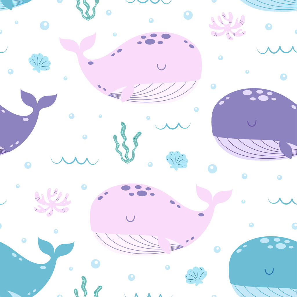 бесшовный узор с цветными китами и морскими водорослями, мультипликационный векторный морской фон, простой плоский дизайн - Вектор,изображение