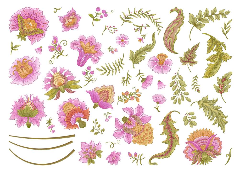 Fantasy flowers in retro, vintage, jacobean embroidery style. Clip art, set of elements for design Vector illustration. - Vector, Image