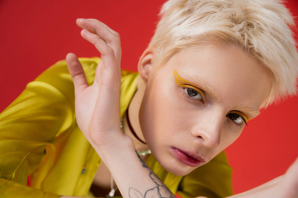 blonde albino woman with bright eyeliner and tattoo looking at camera while posing on carmine pink  - Photo, Image