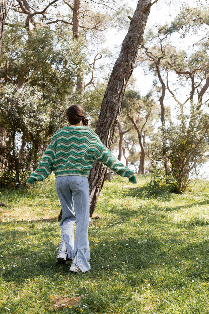 Vista posterior de la joven mujer en jeans y suéter caminando en el parque de verano  - Foto, Imagen