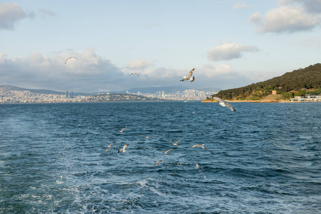 Zee en wazige kust van Prinses eilanden op de achtergrond in Turkije  - Foto, afbeelding