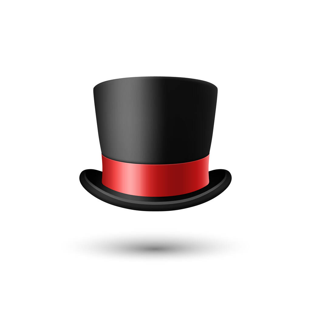 Vector 3D Realistische schwarze Zylinderhut mit rotem Band Nahaufnahme isoliert auf weißem Hintergrund. Klassischer Retro Vintage Zylinderhut, Vintage Herrenhut, Vorderseite. - Vektor, Bild