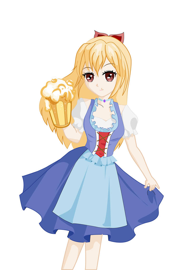 Anime ragazza capelli lunghi gialli con abito oktoberfest e portare una birra - Vettoriali, immagini