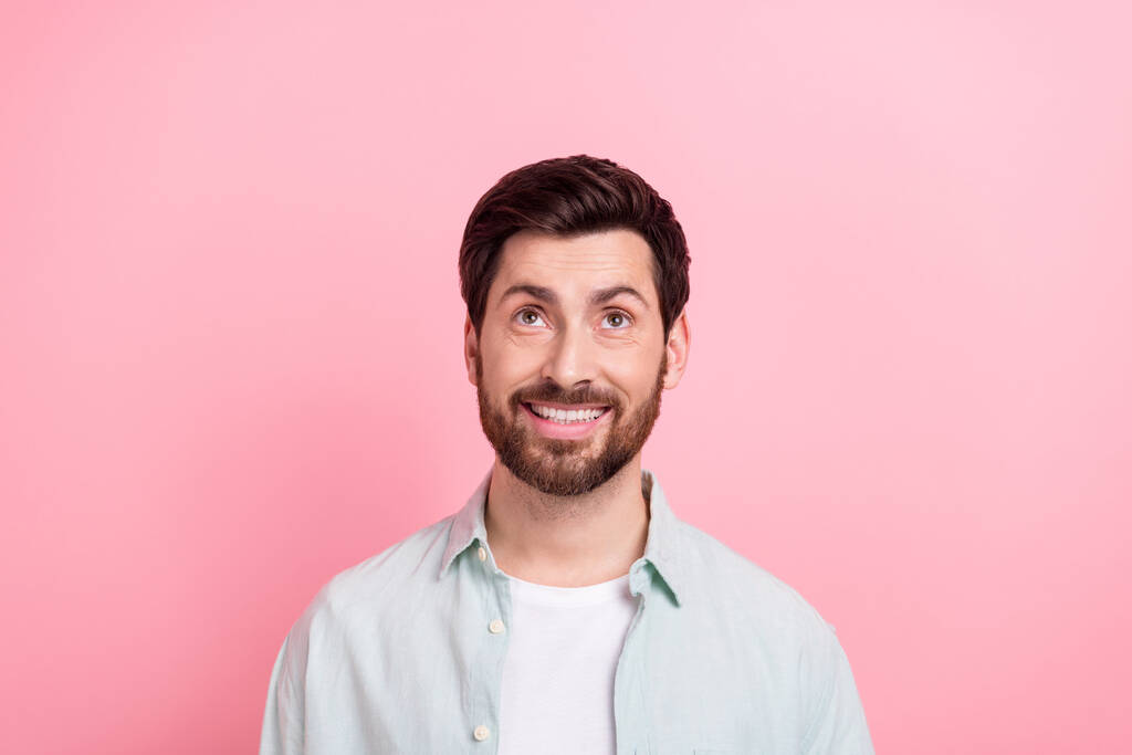Portrait photo of young successful businessman wear smart casual stylish shirt smile look mockup poster isolated on pink color background. - Photo, Image