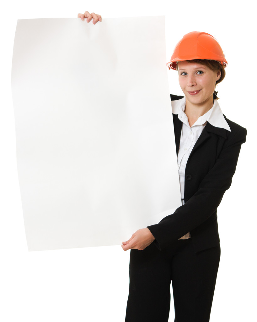 Geschäftsfrau mit Helm auf weißem Hintergrund. - Foto, Bild