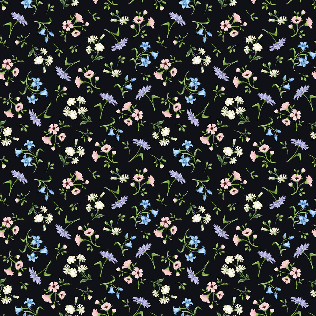 Padrão floral sem costura com pequenas flores rosa, azul, branco e roxo em um fundo preto. Design de impressão vetorial - Vetor, Imagem