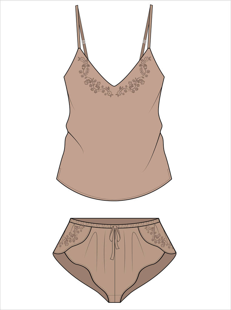 EMBROIERED WOMENS TANK AND BOY SHORT MATCHING NIGHTWEAR SET IN EDITABLE VECTOR FILE - Vector, Image
