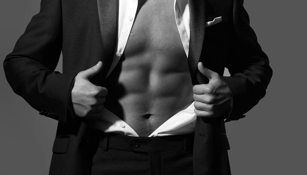 Sexy mannelijke romp in pak. Zakelijke mode look. Mannenpak uit. Abbs, six pack, workout - Foto, afbeelding