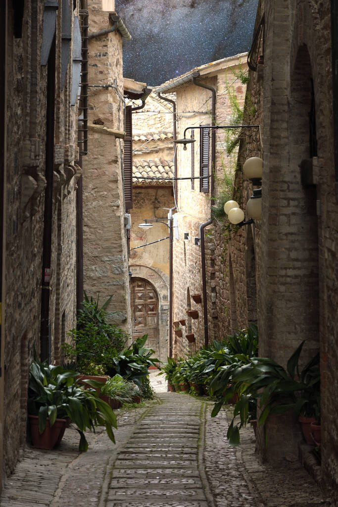 View of alley in the historic center of Spello by night, Umbria - Photo, Image