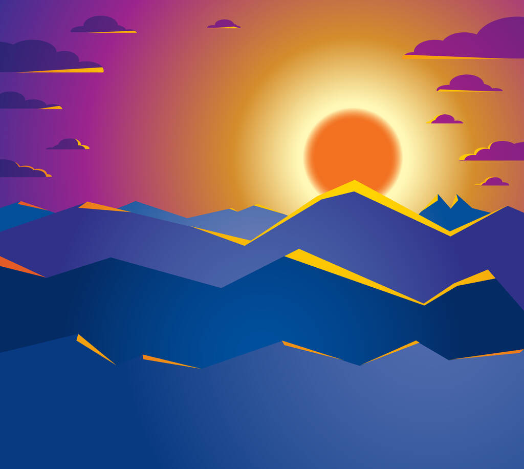 Krásná horská krajina s zapadajícím sluncem ve večerních hodinách, západ slunce nad vrcholovou malebnou přírodou vektorové ilustrace, klidný klidný obraz pro relaxaci. - Vektor, obrázek