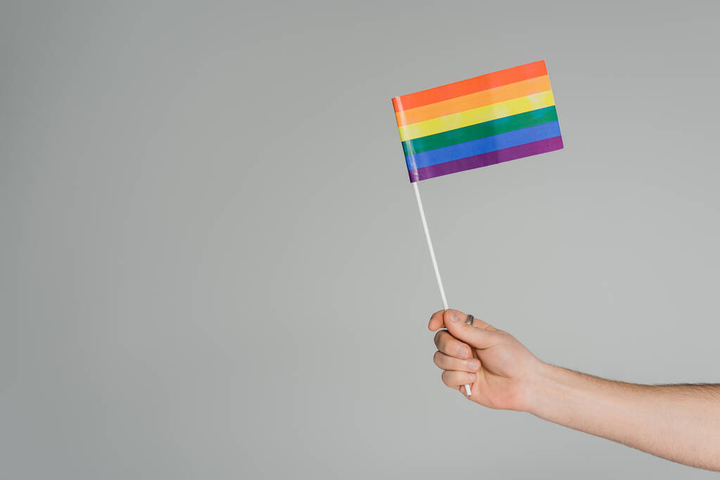 Vista ritagliata dell'uomo omosessuale con bandiera lgbt isolata sul grigio con spazio su copia, Giornata internazionale contro l'omofobia   - Foto, immagini