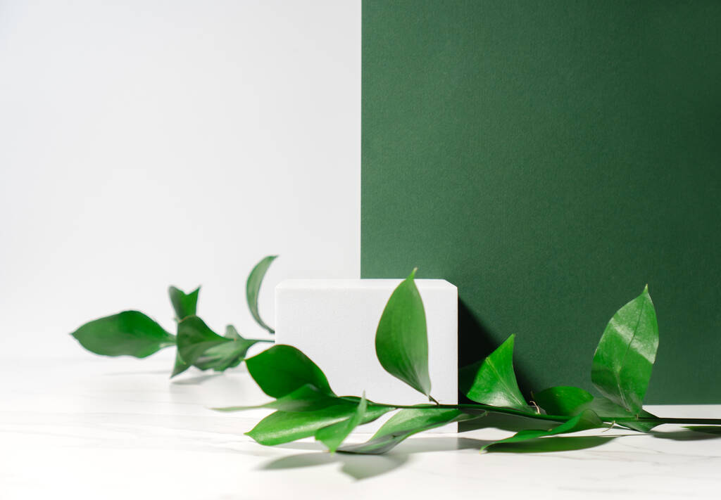 Cosmétiques naturels scène de présentation de produits de beauté faite avec des feuilles vertes et un piédestal blanc, vue de face. - Photo, image