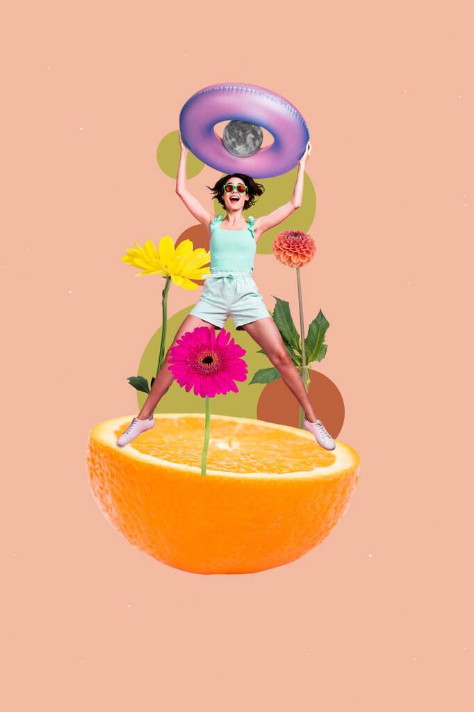 Collage 3d pinup pop skecz wizerunek pozytywnej dziewczyny skakać radować lato wakacje ośrodek tropikalny kraju odizolowane malarstwo tło. - Zdjęcie, obraz