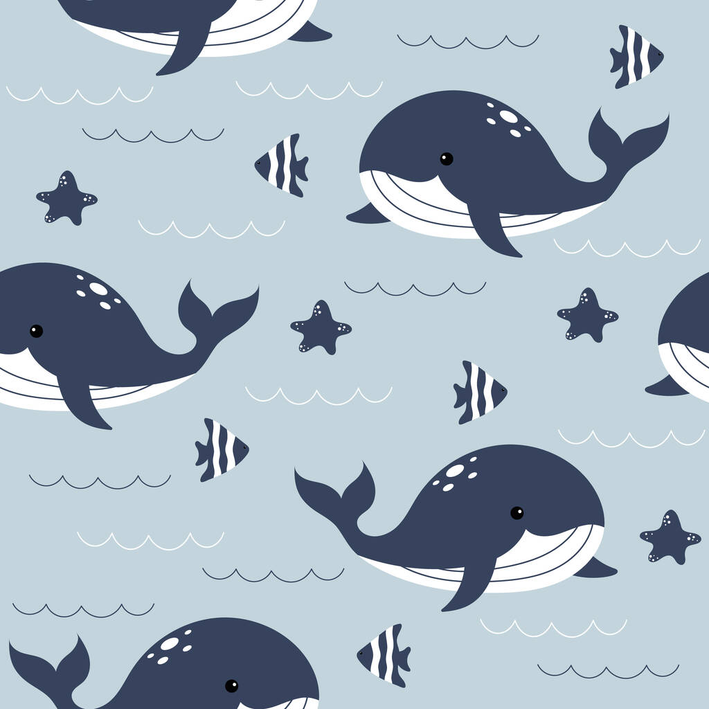 Vector hand getekend kleurrijke kinderlijke naadloze herhaling eenvoudige platte patroon met walvissen en vissen op een blauwe achtergrond. Schattige baby dieren. Patroon voor kinderen met walvissen. Zee. Oceaan. - Vector, afbeelding