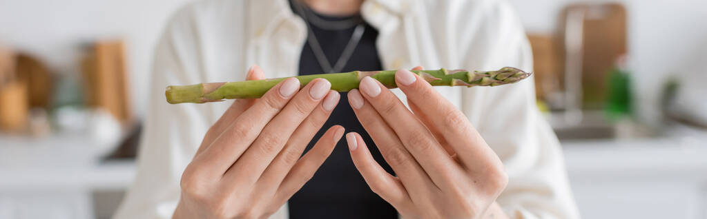 Cropped view of blurred woman holding fresh asparagus in kitchen, banner  - Photo, Image
