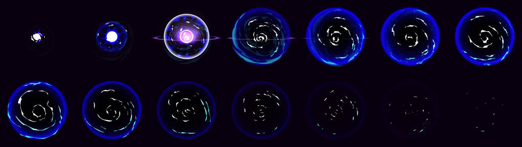 Мультяшний спритний лист зірки вибуху vfx ізольований на чорному тлі. Векторні ілюстрації набору анімації ефекту вибуху, магічного удару потужності, синього світла енергії. Розповідь про вогняний м'яч
 - Вектор, зображення
