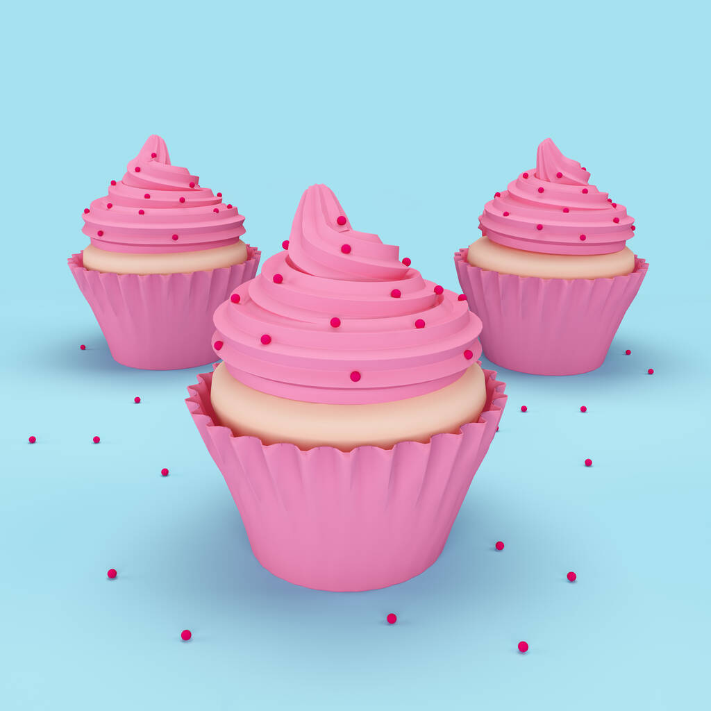 Pastelitos rosados decorados con salpicaduras sobre un fondo azul. 3d renderizar - Foto, Imagen