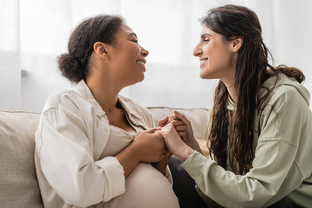 Pozitif lezbiyen kadın koltukta otururken hamile çok ırklı eşiyle el ele tutuşuyor.  - Fotoğraf, Görsel