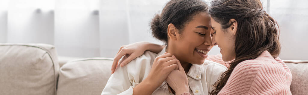 positive lesbian woman hugging multiracial partner and sitting on couch, banner  - Photo, Image