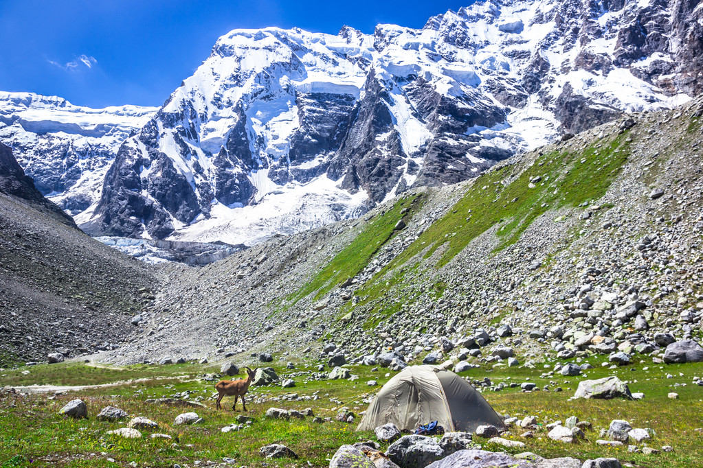 Camp avec de hautes montagnes enneigées sur fond de montagnes
 - Photo, image