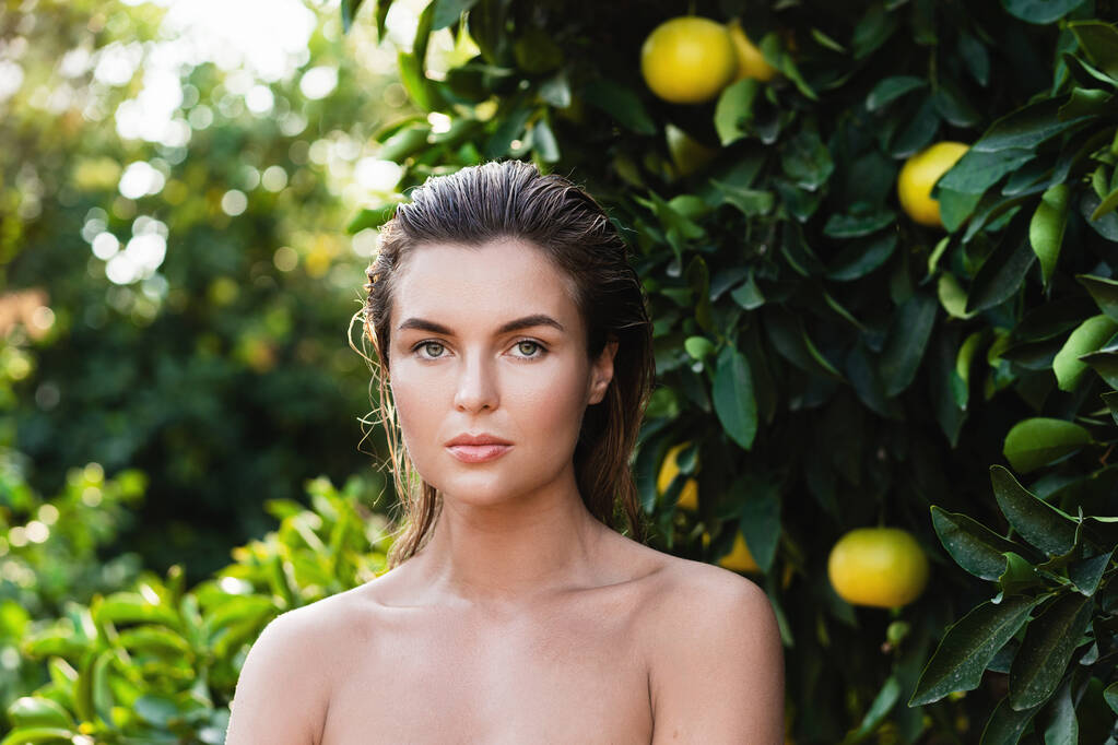 Venkovní portrét krásné ženy s hladkou pletí proti citrónům - Fotografie, Obrázek