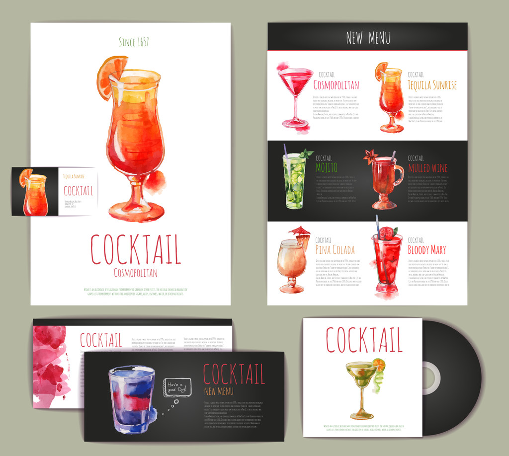 Vesiväri Cocktail konsepti suunnittelu. Yritysidentiteetti. Asiakirjamalli
 - Vektori, kuva