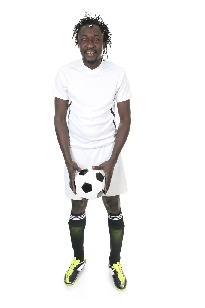 Boldog futballista elszigetelt fehér háttér felett portréja - Fotó, kép