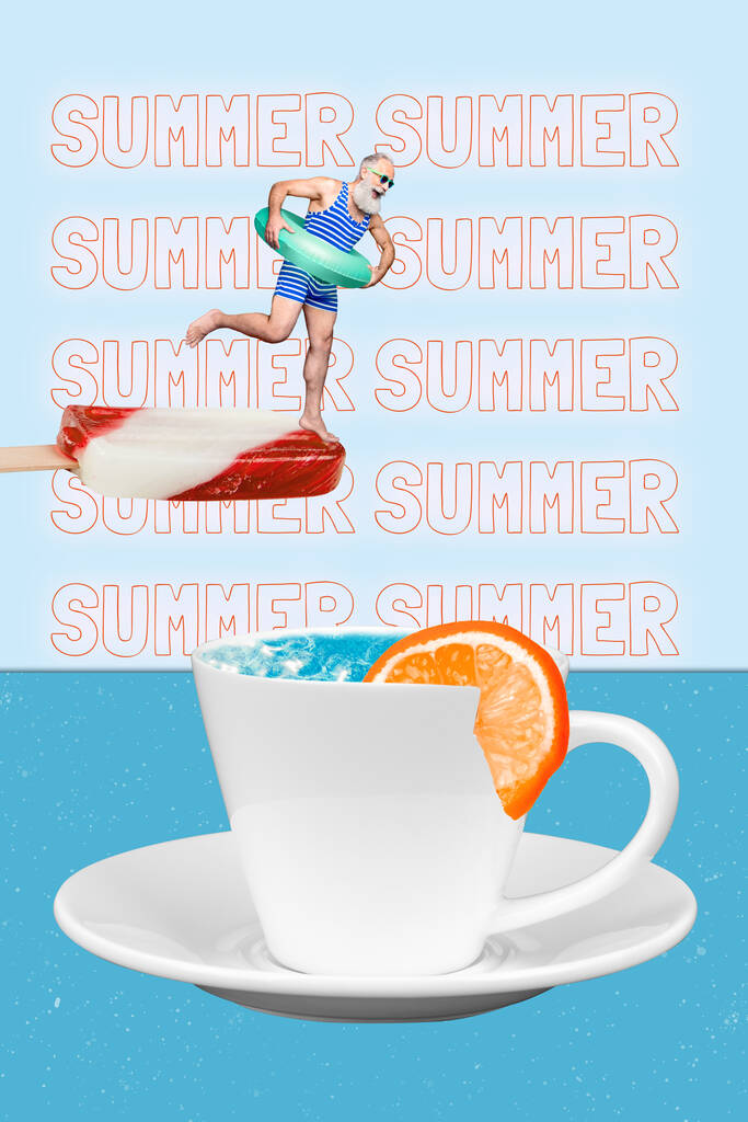 Vicces kollázs öreg ember fagylalt móló búvárkodás felfújható gyűrű belsejében friss gyümölcslé csésze medence nyári party elszigetelt kék háttér. - Fotó, kép