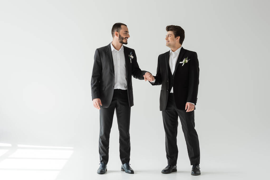 Piena lunghezza di sposi omosessuali positivi in elegante abbigliamento formale che si tengono per mano e si guardano mentre stanno in piedi su sfondo grigio con la luce del sole  - Foto, immagini