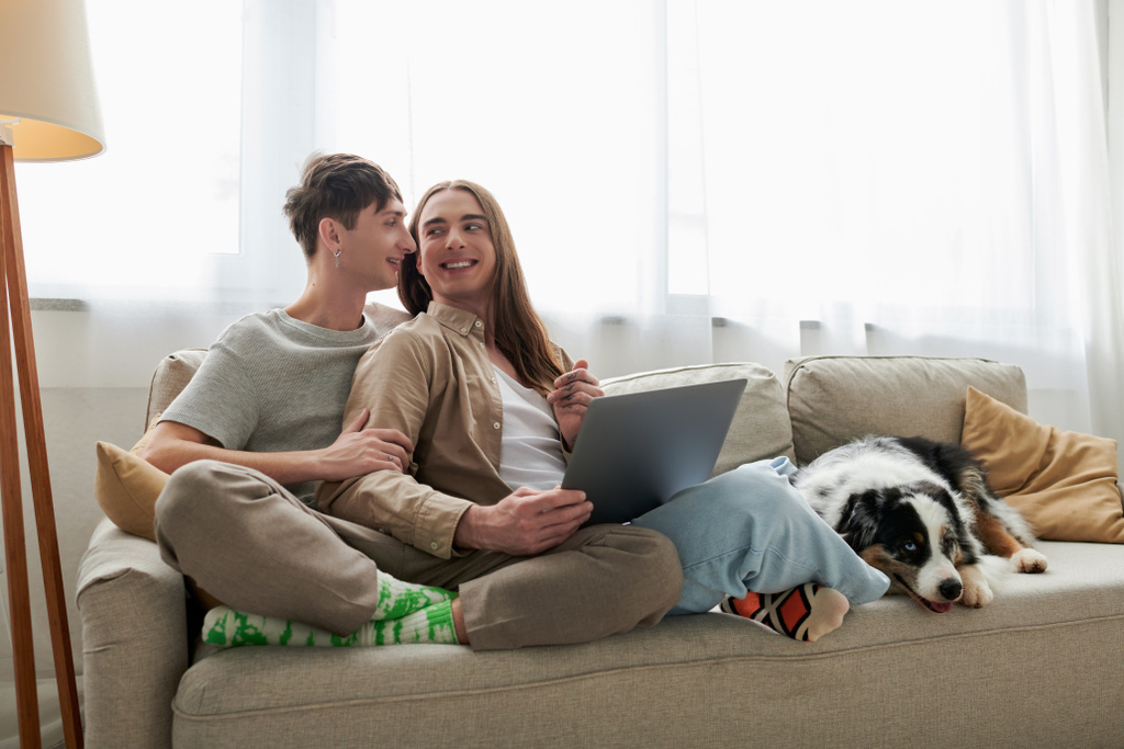 joyeux couple lgbt en vêtements décontractés se regardant et en utilisant un ordinateur portable tout en étant assis ensemble sur un canapé confortable avec des oreillers près d'un ami à fourrure dans le salon moderne  - Photo, image