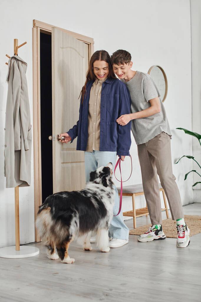 happy gay couple in casual outfits standing in modern hallway next to coat rack and looking at Australian shepherd dog with leash and smiling together at home  - Photo, Image