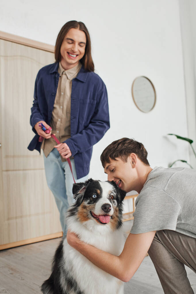 usmívající se gay muž mazlí rozkošný australský ovčák pes vedle radostného přítele s dlouhými vlasy drží vodítko, zatímco stojí u dveří v moderní chodbě  - Fotografie, Obrázek