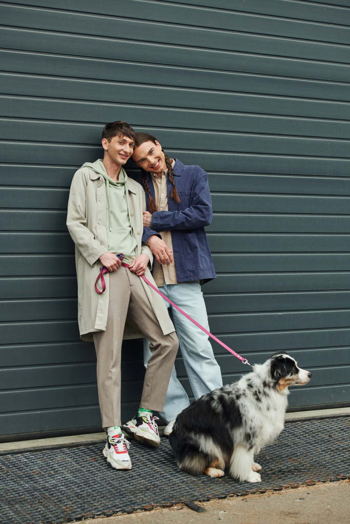 veselý gay muž v ležérní oblečení drží vodítko australského ovčáka psa a stojí vedle usměvavý přítel s copánky v blízkosti garážových vrat venku na ulici - Fotografie, Obrázek
