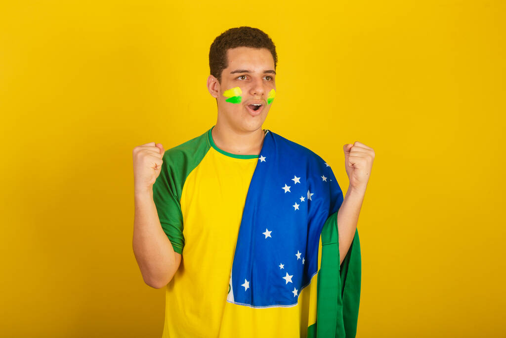 Giovane tifoso brasiliano di calcio. vestito di verde, grido obiettivo con bandiera brasiliana. - Foto, immagini