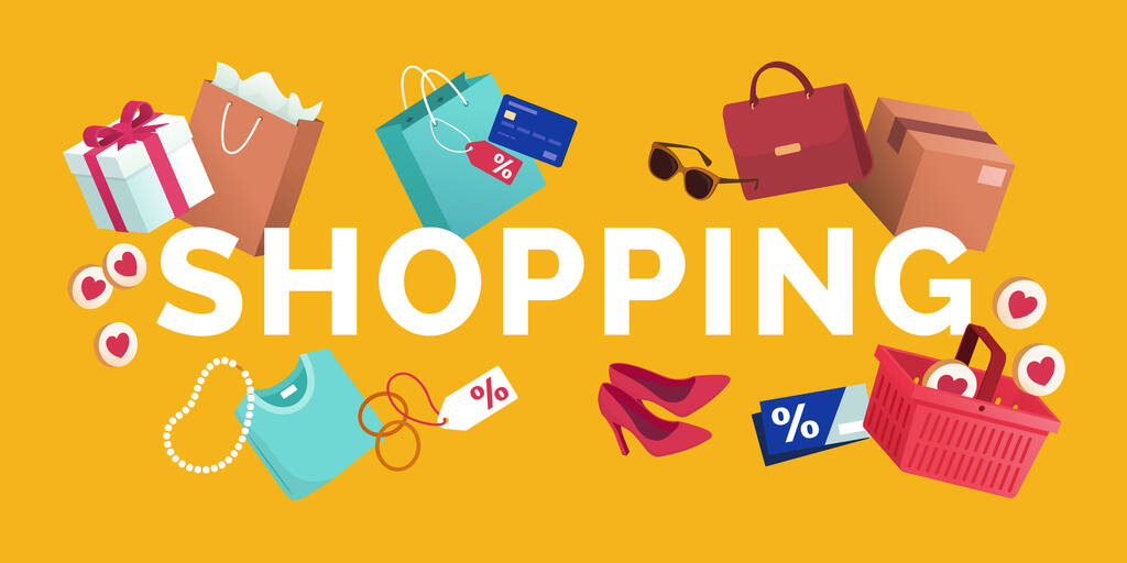 Word ψώνια που περιβάλλεται από προϊόντα, πιστωτική κάρτα και κουπόνια, online αγορές και e-commerce έννοια - Διάνυσμα, εικόνα
