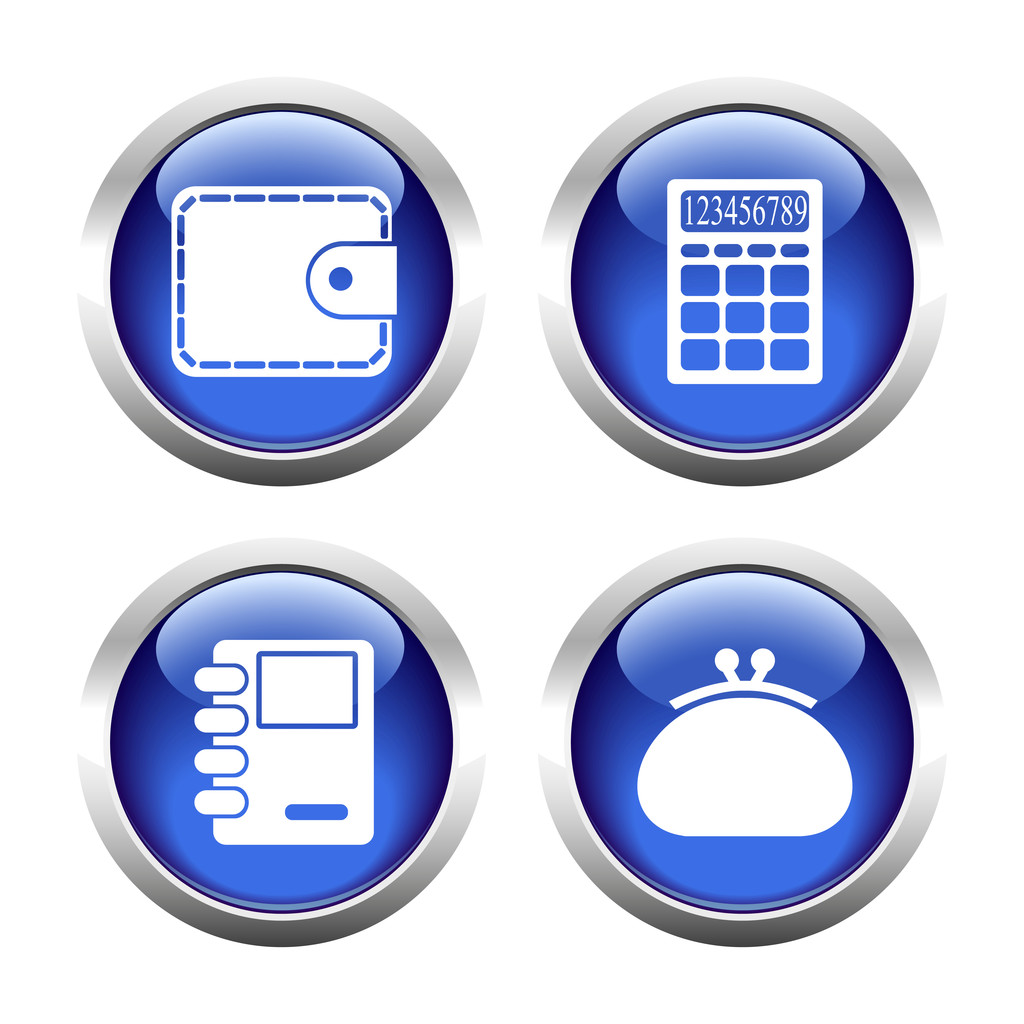 Aantal gekleurde knoppen voor het web, portemonnee, portemonnee, notebook, calcula - Vector, afbeelding