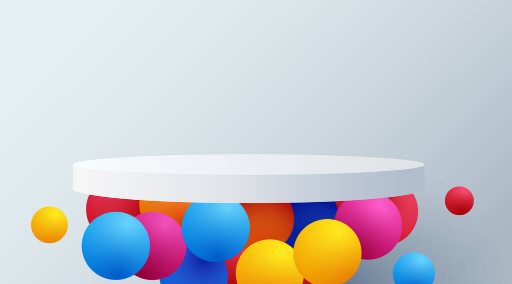 Fond abstrait du podium avec des ballons colorés. Présentation du produit, maquette, produit cosmétique spectacle, Podium, socle de scène ou plate-forme. Illustration vectorielle - Vecteur, image