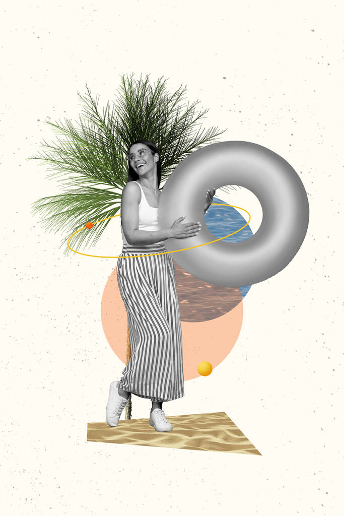 Collage 3d pinup pop retro bosquejo imagen de la señora encantadora emocionada caminando playa aislado pintura fondo. - Foto, Imagen