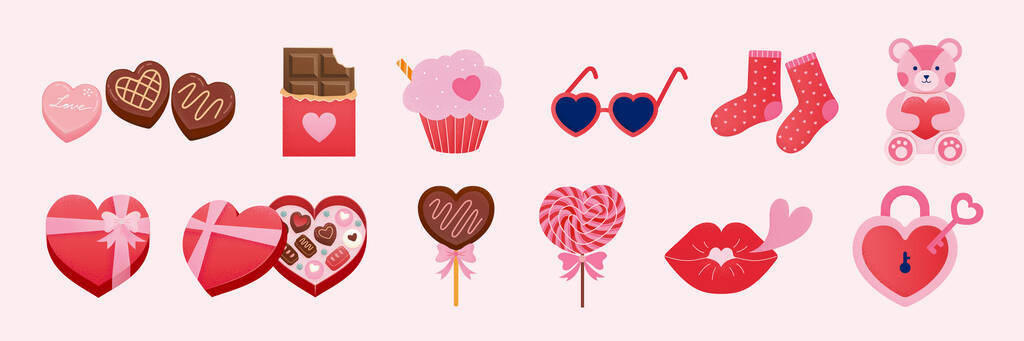 Día de San Valentín postres y decoraciones conjunto aislado sobre fondo rosa claro. Incluyendo postres de chocolate dulce, cupcake, gafas de sol del corazón.calcetines, oso de peluche y bloqueo de corazón - Vector, imagen