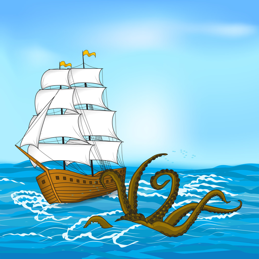 vintage sailing ship and kraken at sea - Vector, Image
