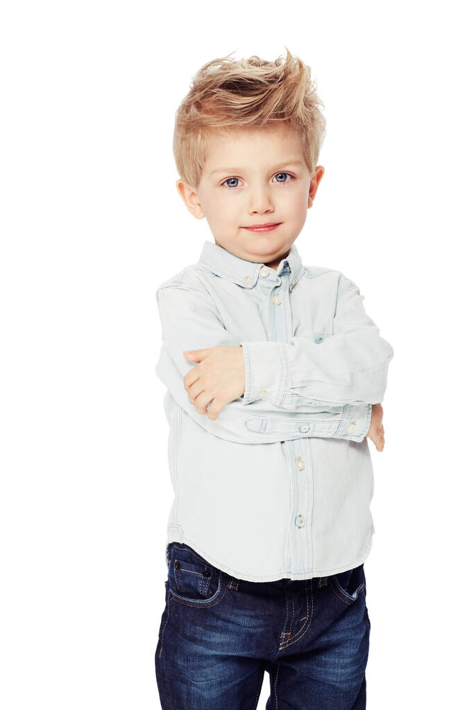 Happy, boy and arms crossed in portrait in studio with white background with shirt for youth. Young, kid and face with smile for happiness in stylish clothes for confident child with motivation - Photo, Image