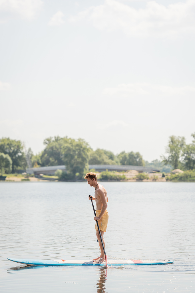 vista lateral de hombre joven y pelirrojo en pantalones cortos de baño amarillos navegando en sup board con remo en el lago con orilla verde durante la recreación acuática en el fin de semana de verano - Foto, imagen
