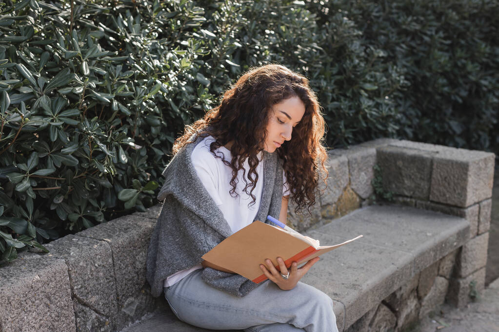 Młoda i kręcona brunetka w t-shircie i swetrze pisząca na notatniku podczas spędzania czasu na kamiennej ławce w pobliżu zielonych krzewów w parku w ciągu dnia w Barcelonie, Hiszpania  - Zdjęcie, obraz