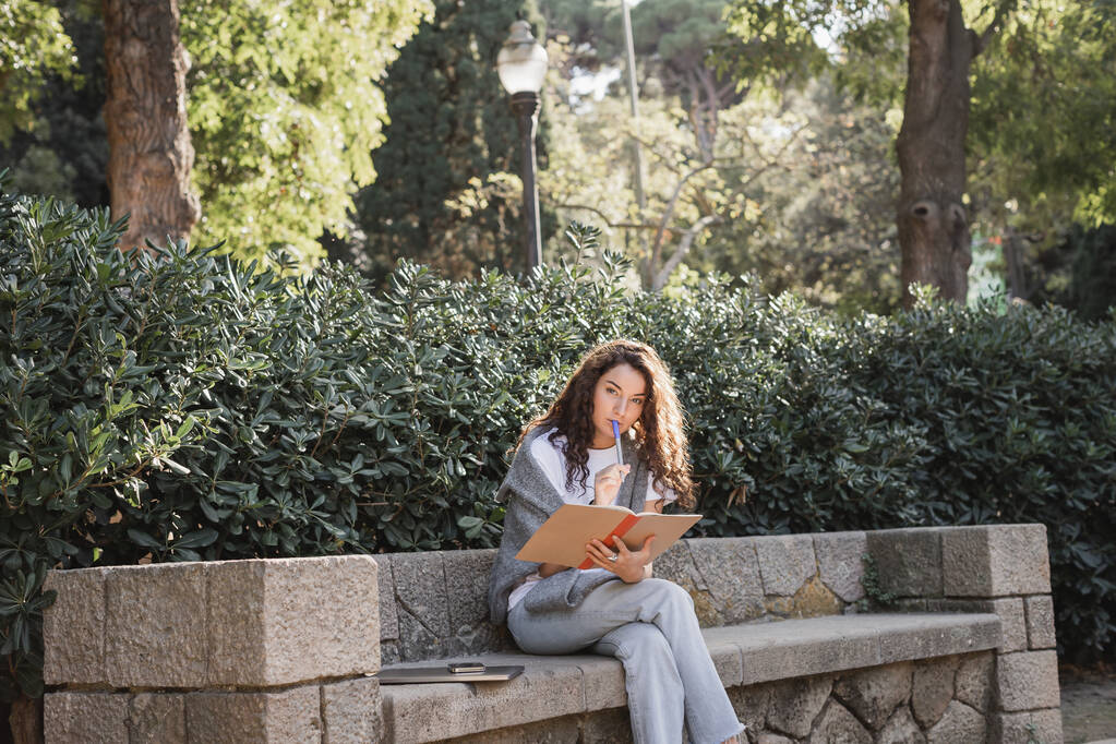 Zaostřená mladá kudrnatá žena držící značkovací pero u rtů a notebooku při pohledu na kameru poblíž minipřístrojů na kamenné lavičce a zelených rostlin v parku v Barceloně, Španělsko  - Fotografie, Obrázek