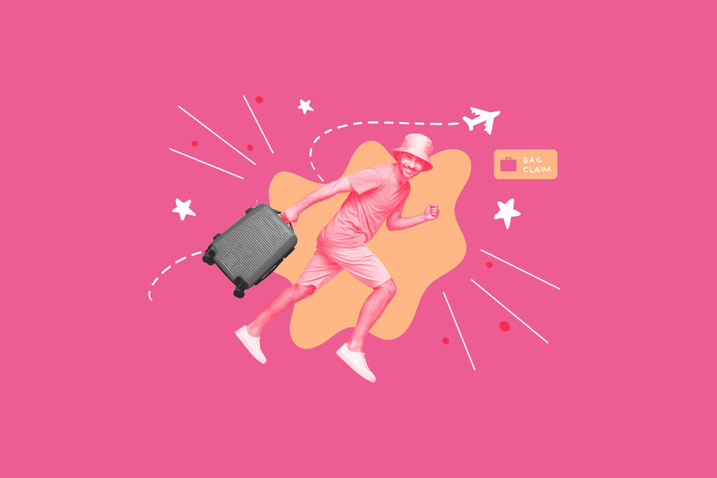Kunstwerk collage foto van opgewonden positieve man hold koffer run rush bag claim vliegtuig vertrek geïsoleerd op roze achtergrond. - Foto, afbeelding
