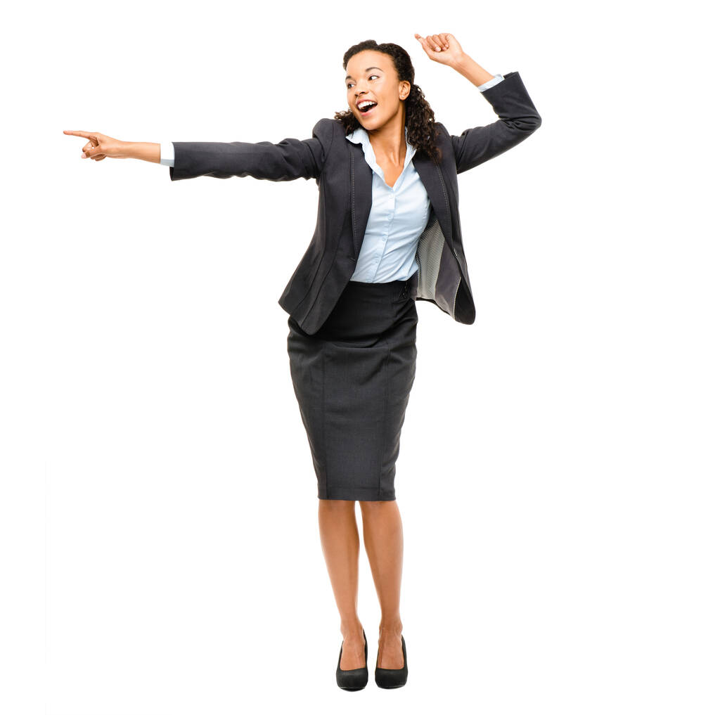 Geschäftsfrau, tanzend oder Händchen zeigend auf Erfolgsförderung, Verkaufsdeal oder Finanzierungsbonus auf isoliertem weißem Hintergrund. Lächeln, glücklich oder Arbeitertanz und Zeigefinger bei Siegerfeier oder Sieg. - Foto, Bild