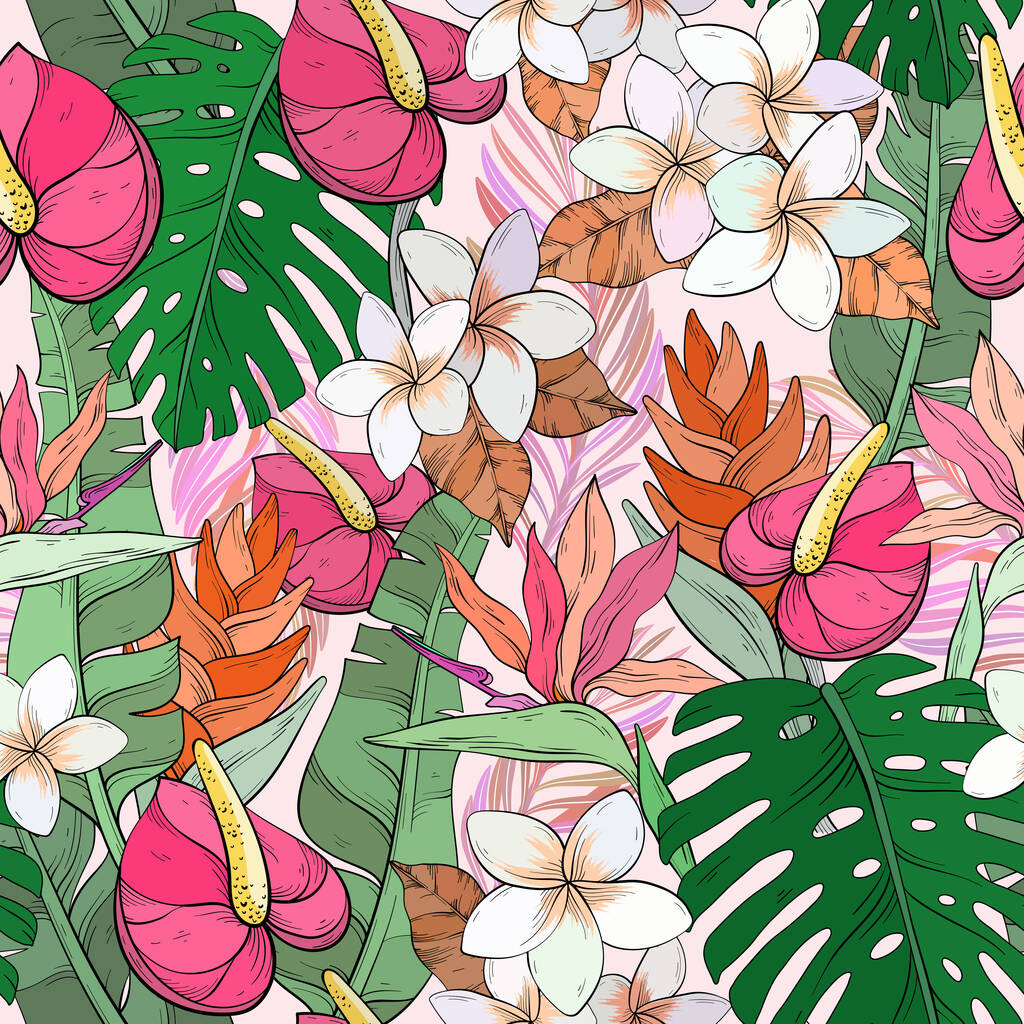 Motif tropical sans couture avec des fleurs et des feuilles exotiques. Palette de couleurs vives. Éléments vectoriels - Vecteur, image